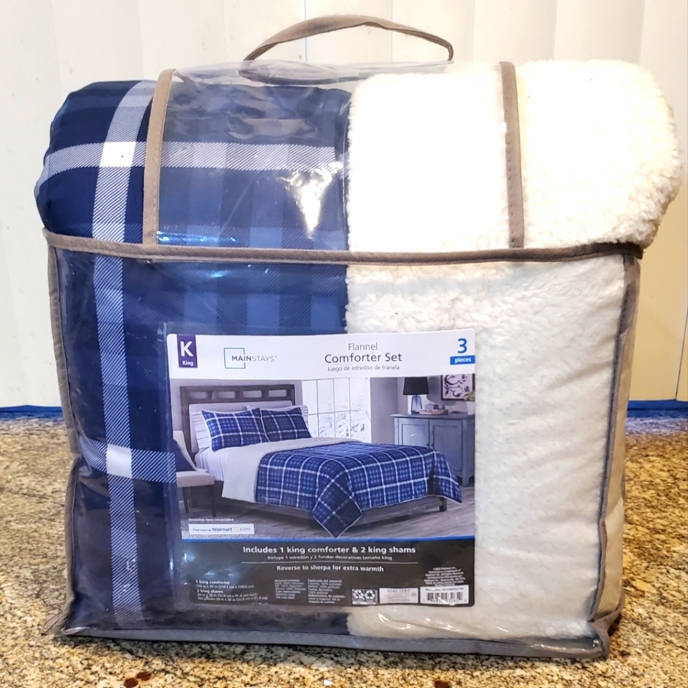 Mainstays Cozy Plaid Blue Flannel and Reversible Super Soft Sherpa Comforter Set